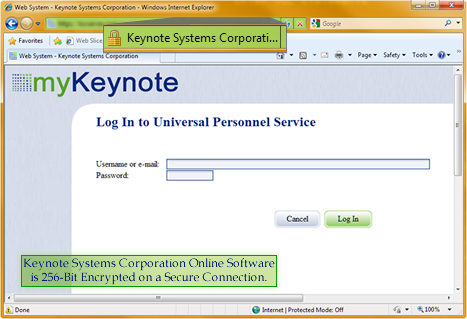 Keynote's Employee Servers are secured by a 256-bit technology.